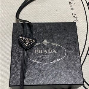Prada Black Leather Triangle Logo Tie Accessory